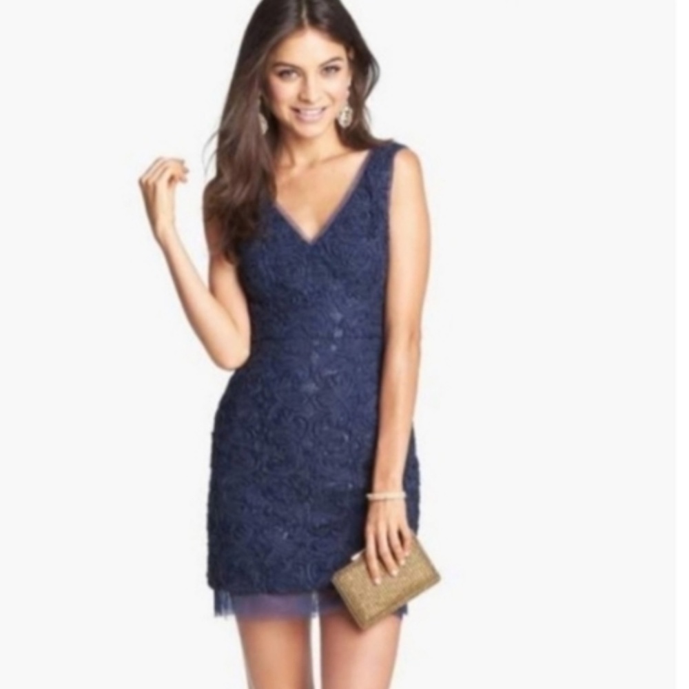 NWT BCBGMaxazria Marissa Rosette Mini Dress in Dark Navy. Size 2.